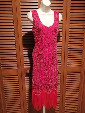 FUNDAISY RED BEADED FRINGE MIDI FLAPPER DRESS